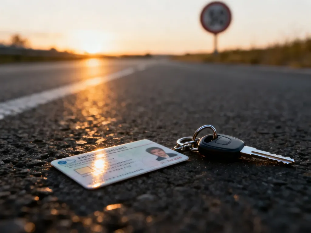 Prawo jazdy i kluczyki samochodowe leżące na asfalcie w świetle zachodzącego słońca, symbolizujące odpowiedzialność kierowcy.