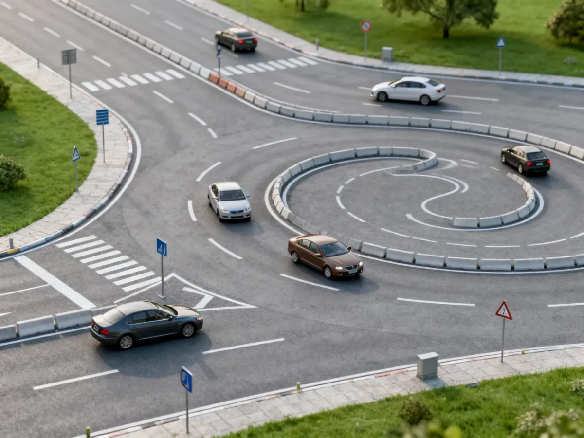 Widok z góry na rondo turbinowe z rozdzielonymi spiralnymi pasami ruchu