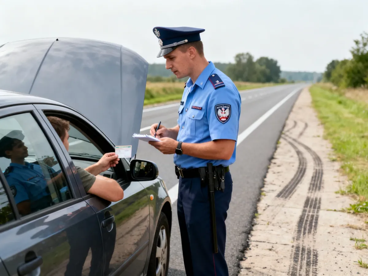 Policjant przeprowadzający spokojną kontrolę drogową przy zatrzymanym samochodzie