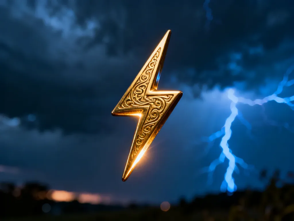 Złota, lśniąca ikona błyskawicy na tle burzowego nieba, symbolizująca energię i moc.