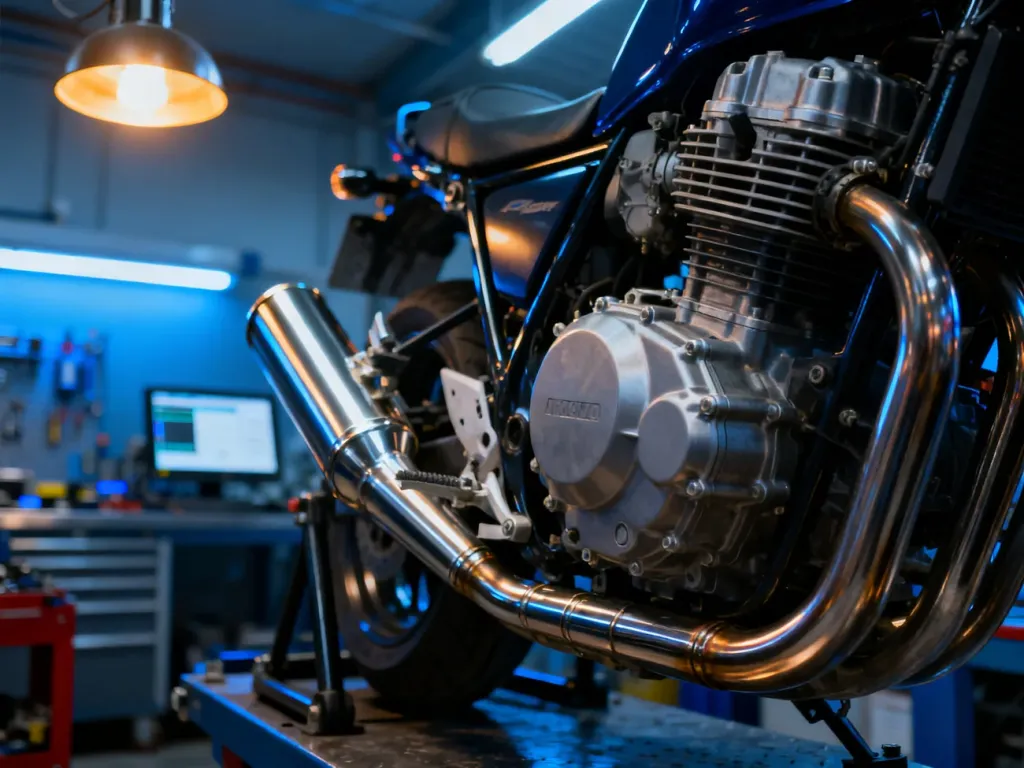 Nowoczesny silnik motocyklowy i układ wydechowy w profesjonalnym warsztacie podczas przeglądu technicznego.