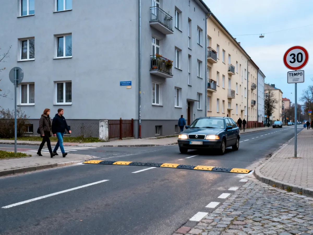 Ulica w strefie 30 z progiem zwalniającym i pieszymi na chodniku