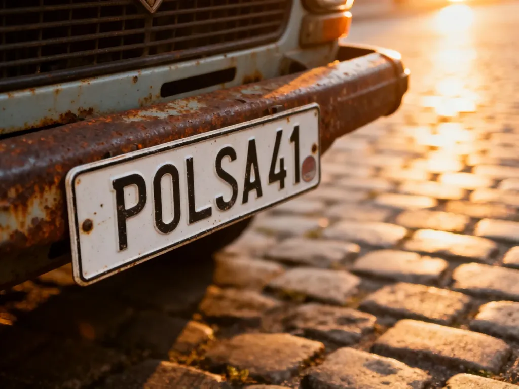 Zbliżenie na autentyczną białą tablicę rejestracyjną zamontowaną na zardzewiałym zderzaku zabytkowego samochodu.