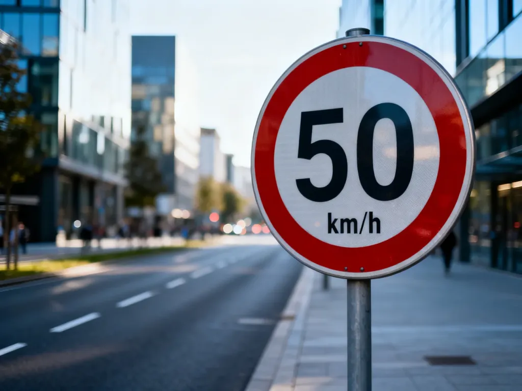 Znak ograniczenia prędkości do 50 km/h na tle nowoczesnej ulicy w terenie zabudowanym.