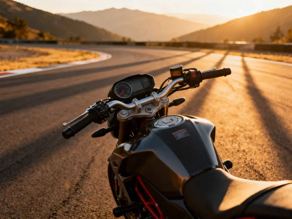Nowoczesny motocykl średniej klasy zaparkowany na torze asfaltowym z widokiem na malowniczą, górską drogę w świetle zachodu.