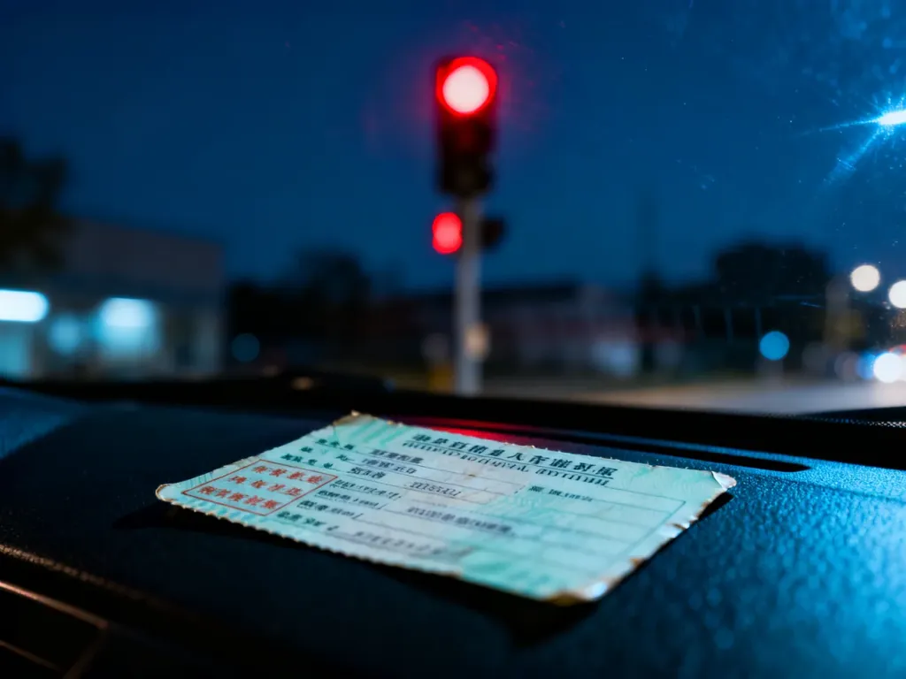 Prawo jazdy leżące na desce rozdzielczej samochodu na tle czerwonego światła sygnalizacji.