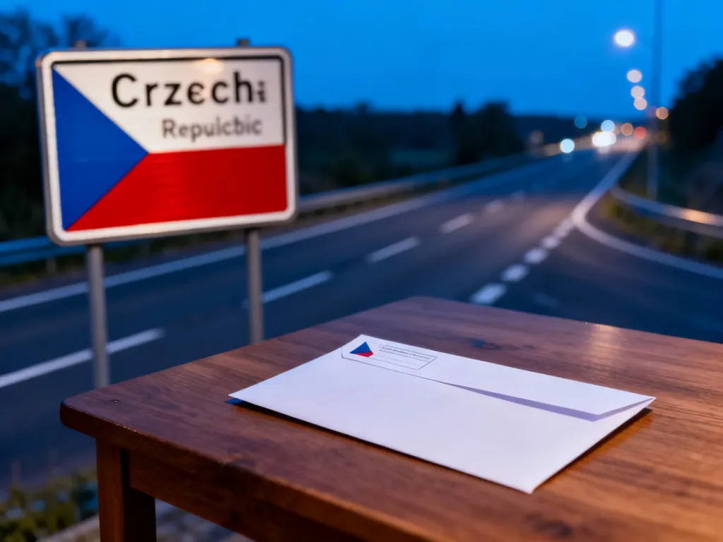 Formalna koperta i drogowskaz na drewnianym stole, symbolizujące otrzymanie mandatu z Czech.