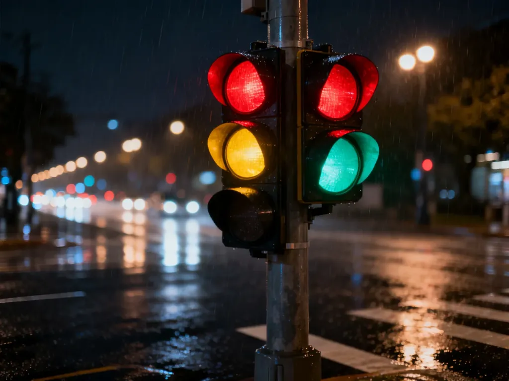 Nowoczesna sygnalizacja świetlna na deszczowym skrzyżowaniu w nocy, z wyraźnym odbiciem świateł na mokrym asfalcie.