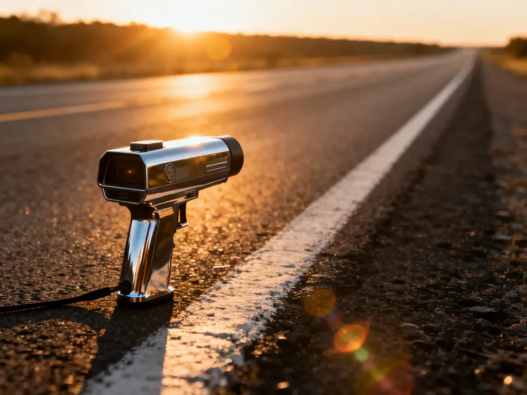 Policyjny radar prędkości ustawiony na krawędzi drogi podczas zachodu słońca na autostradzie.