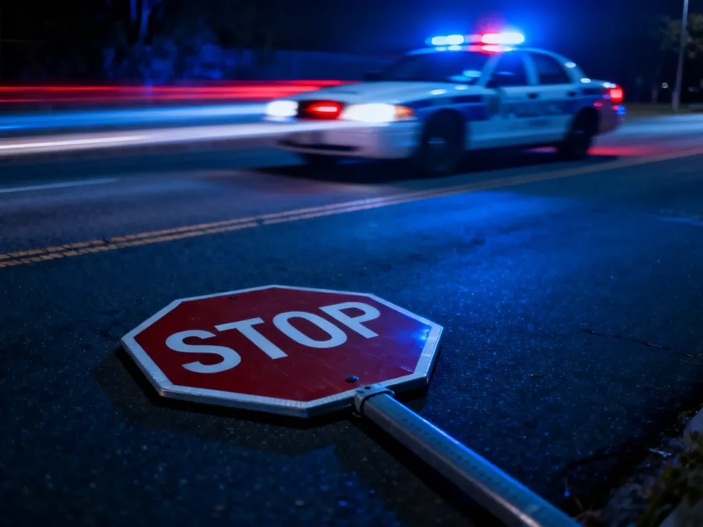 Znak „STOP” na drodze z radiowozem w tle, sygnalizujący kontrolę drogową i konsekwencje naruszeń przepisów.