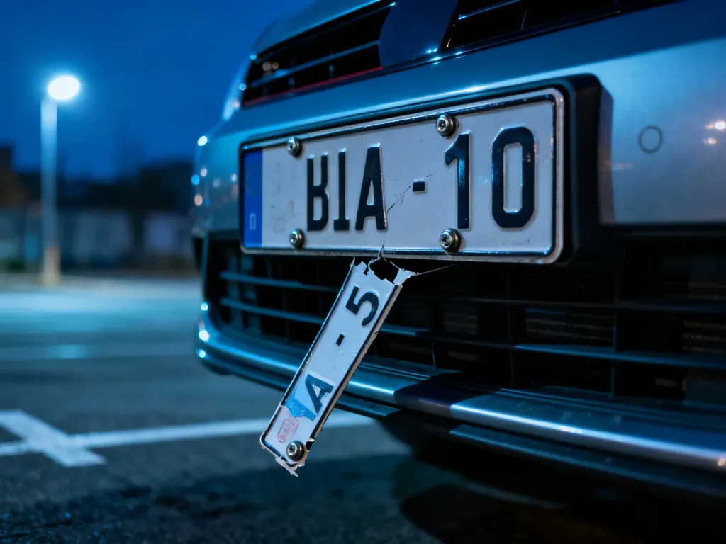 Krzywo wisząca tablica rejestracyjna na zderzaku samochodu, symbolizująca kradzież tablic na parkingu.