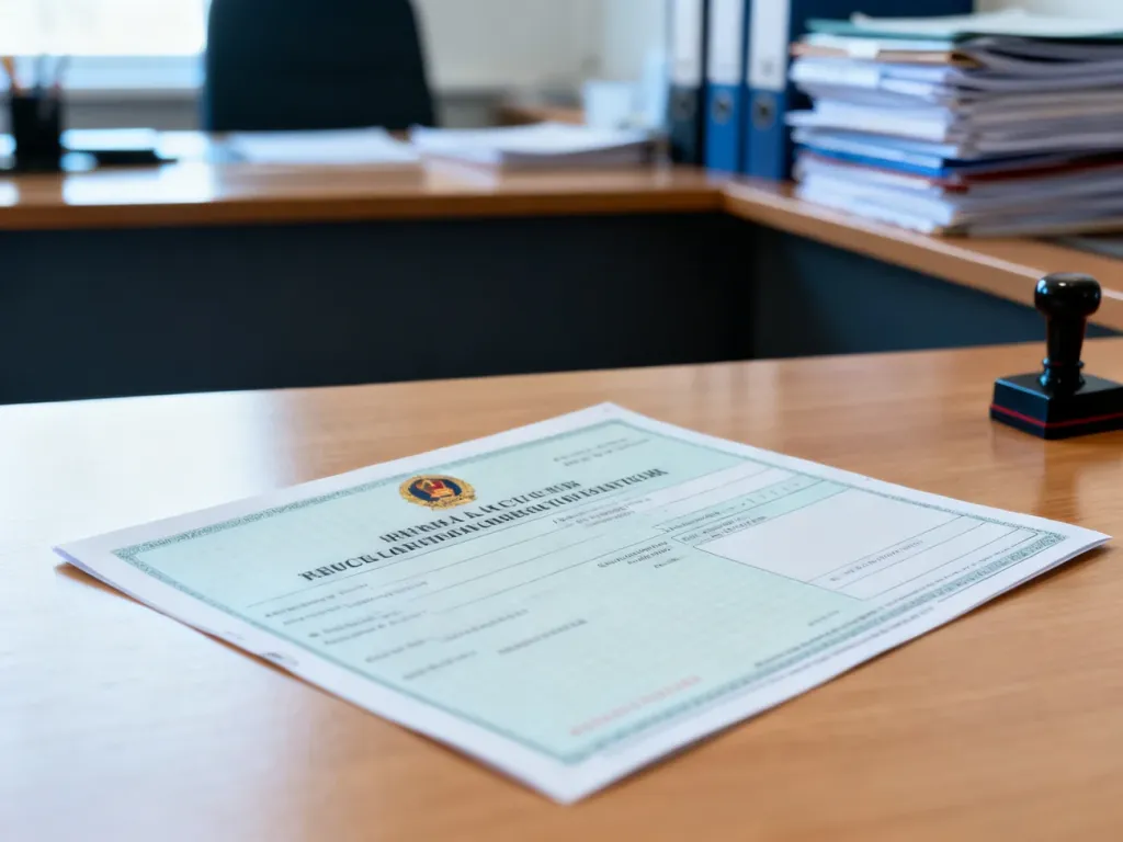 Dowód rejestracyjny pojazdu leżący na biurku w urzędzie, symbolizujący proces formalnej rejestracji samochodu.