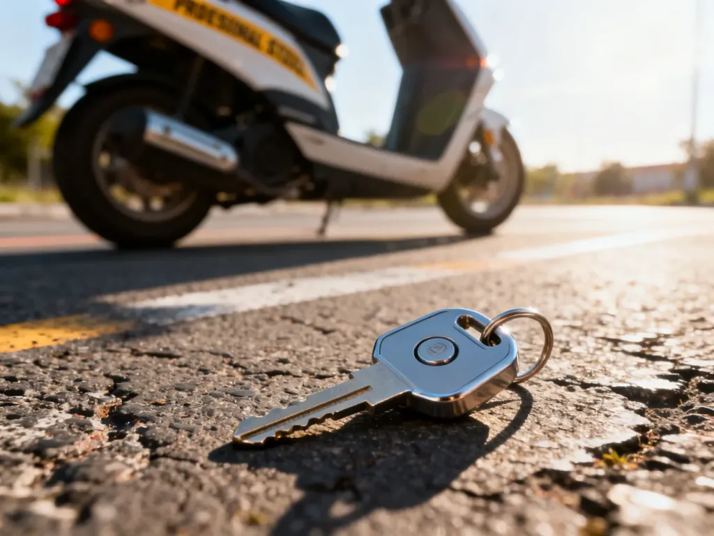 Kluczyk do motoroweru leżący na asfalcie na tle motocykla szkoleniowego, symbolizujący rozpoczęcie kursu na prawo jazdy AM.