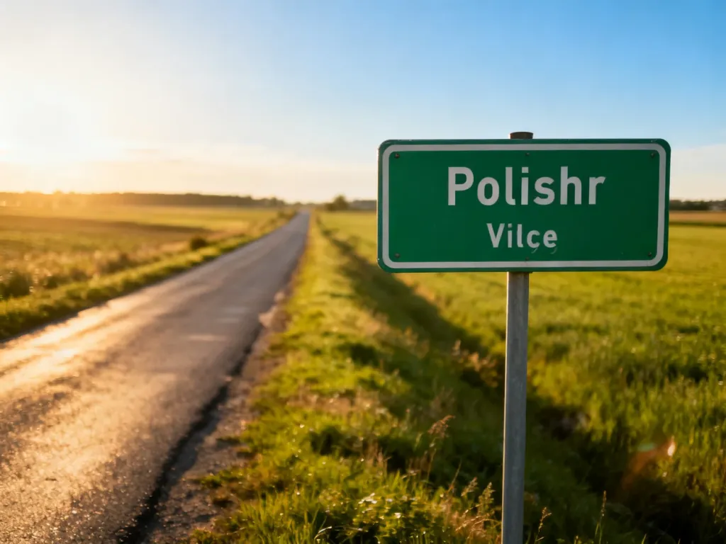 Zielona tablica z nazwą miejscowości przy wiejskiej drodze w słoneczny dzień. Ilustracja przepisów dotyczących prędkości.