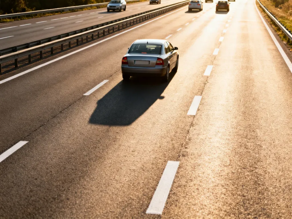 Samochody jadące autostradą w słoneczny dzień, zachowujące bezpieczny odstęp między pojazdami.