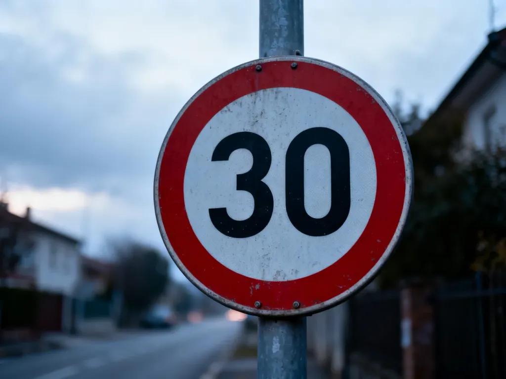 Okrągły znak drogowy z ograniczeniem prędkości do 30 km/h na tle rozmytej miejskiej ulicy.