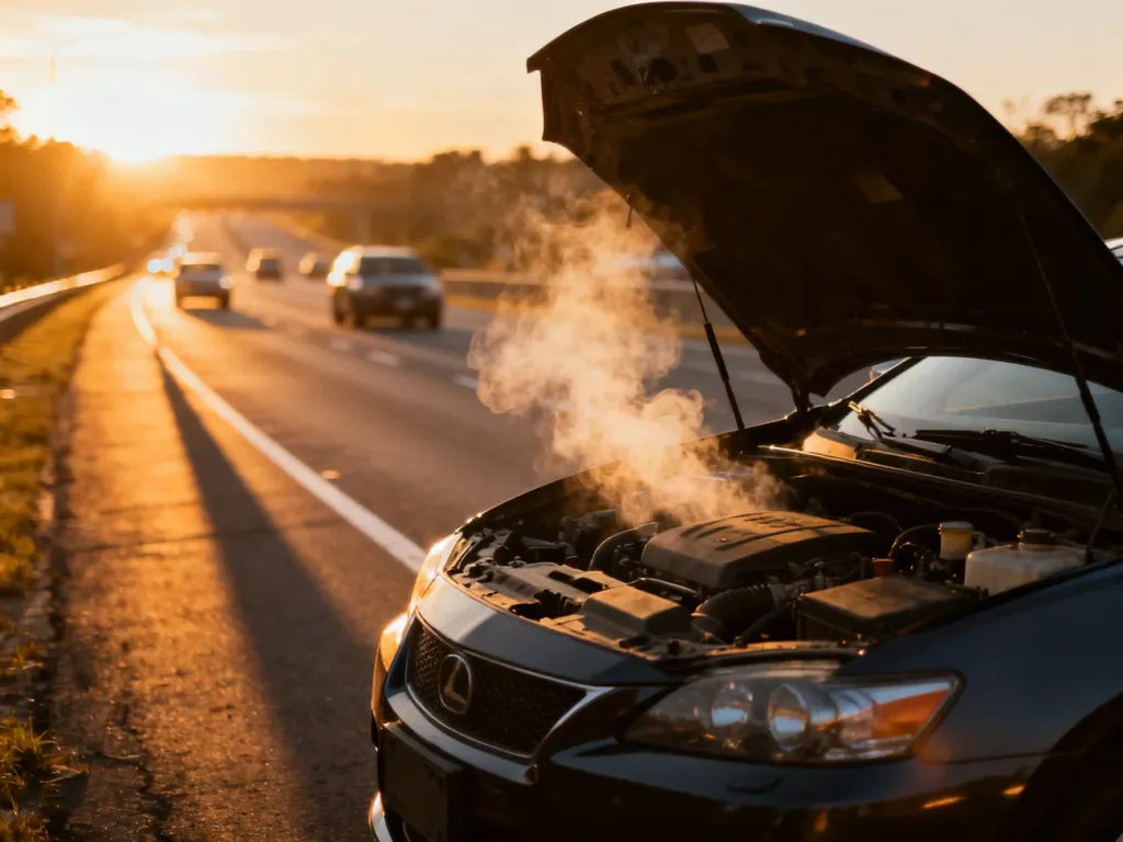 Zepsuty samochód z otwartą maską na poboczu autostrady podczas zachodu słońca.