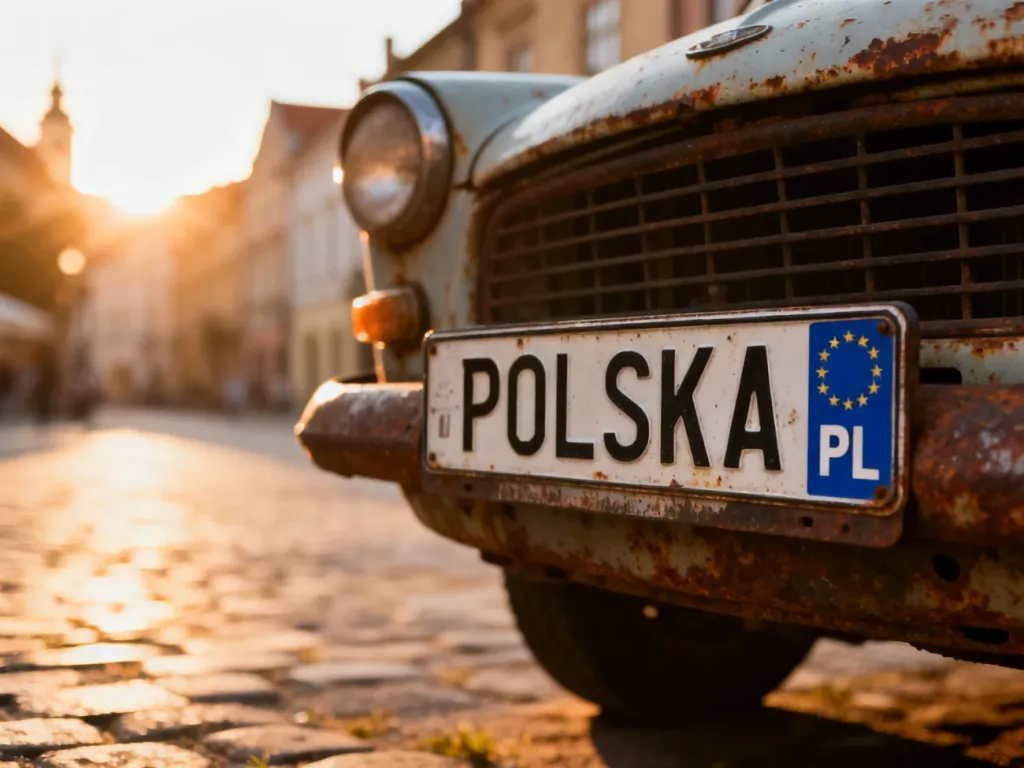 Zniszczona polska tablica rejestracyjna na zardzewiałym zderzaku samochodu w słoneczny dzień.