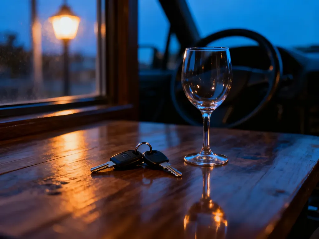Kluczyki samochodowe leżące obok pustego kieliszka do wina, symbolizujące zagrożenie prowadzenia pojazdu po alkoholu.