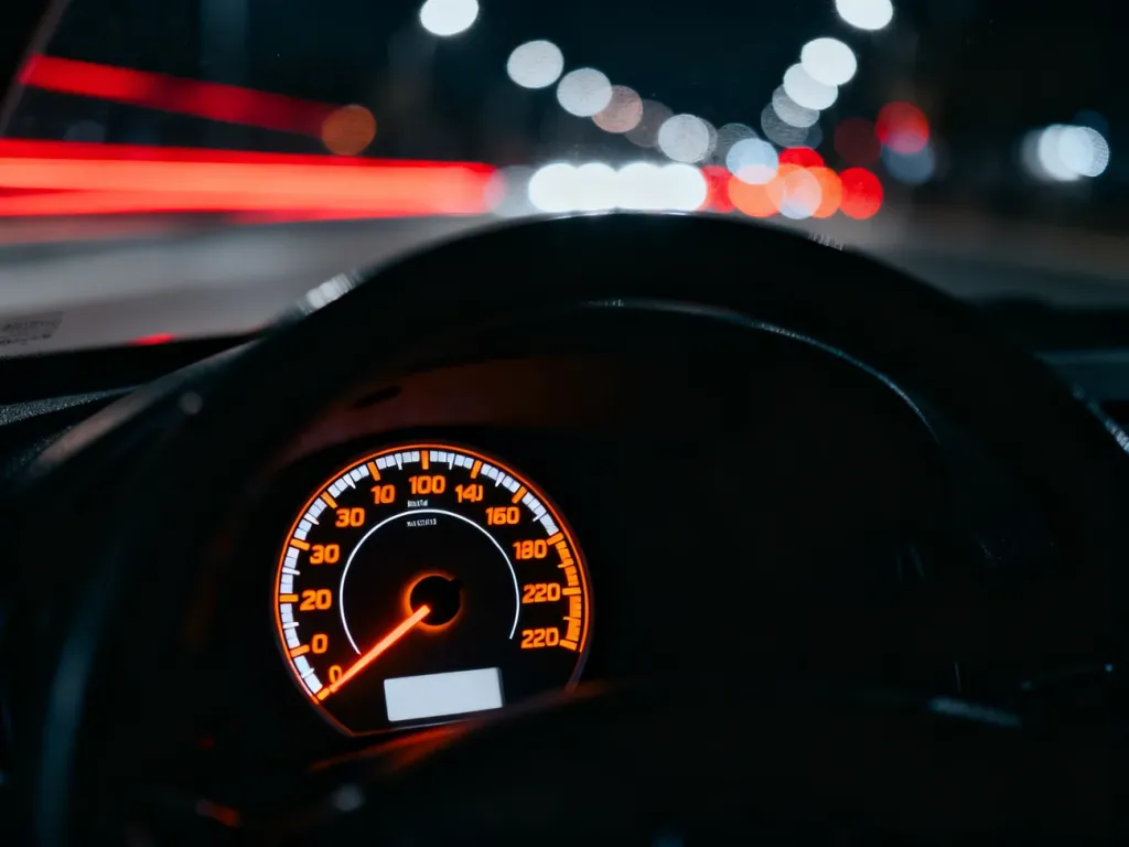 Nowoczesny prędkościomierz samochodowy nocą, wskazujący wysoką prędkość na tle rozmytych świateł miejskich.
