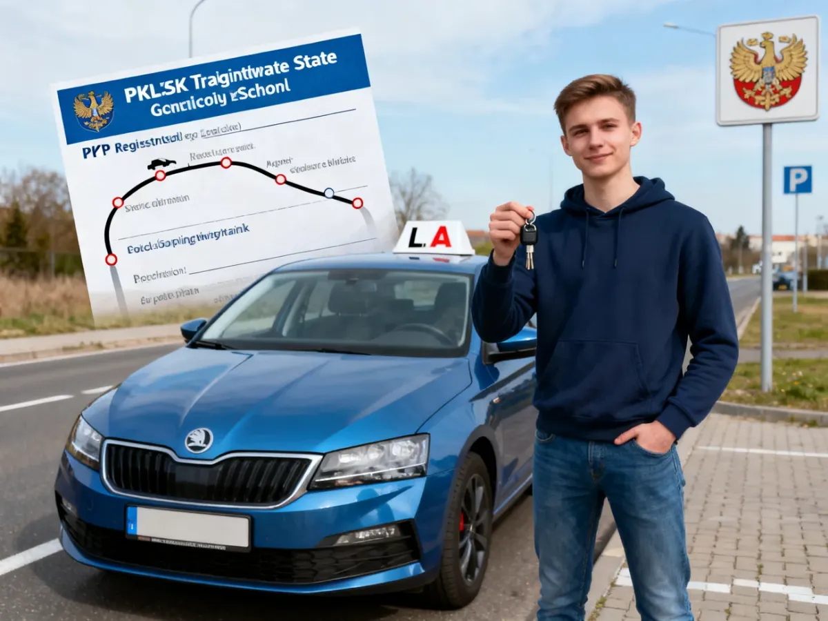 Kandydat na kierowcę przy samochodzie szkoleniowym po zakończeniu kursu