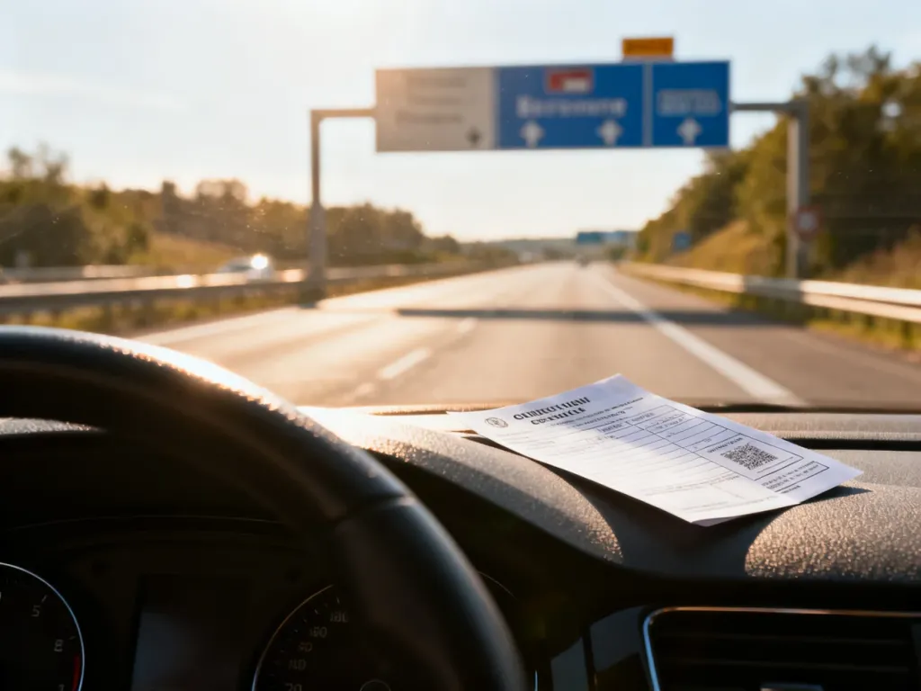 Mandat drogowy na desce rozdzielczej samochodu z widokiem na europejską autostradę i znaki graniczne w tle.