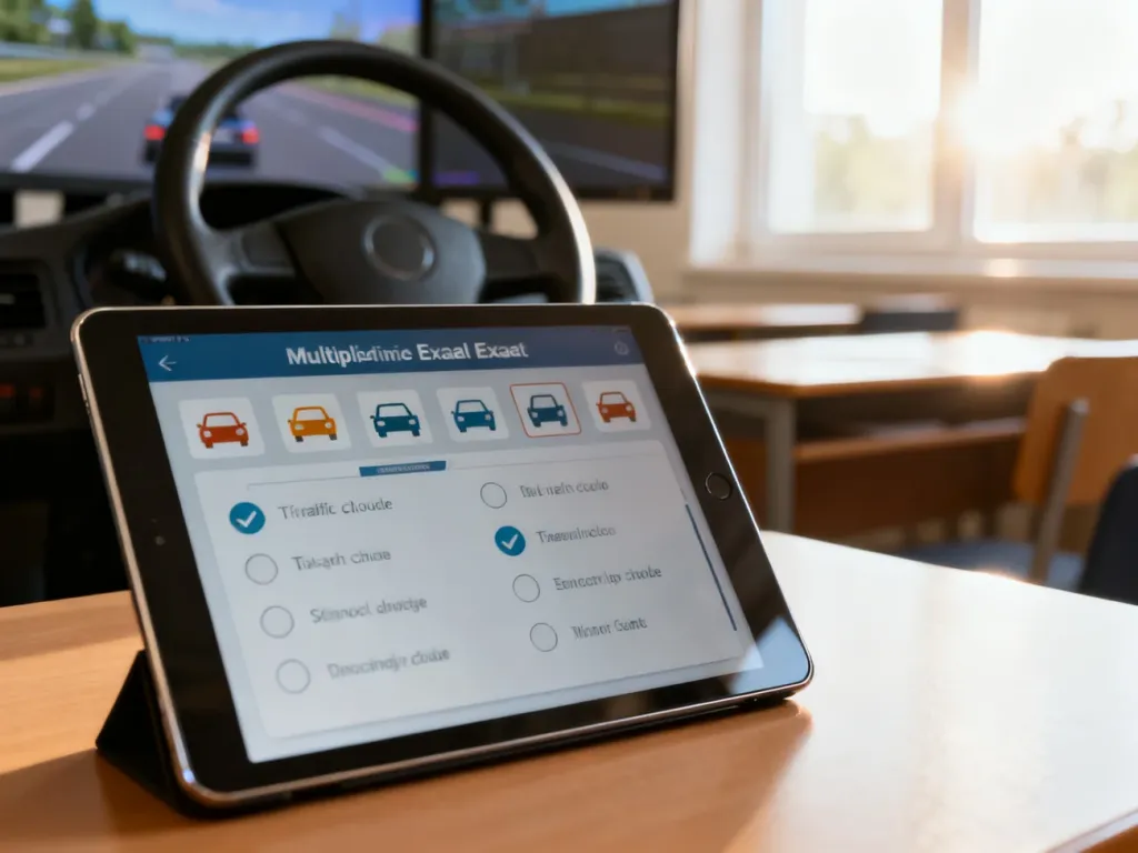 Tablet z przykładowym testem teoretycznym na prawo jazdy w profesjonalnej sali szkoleniowej.