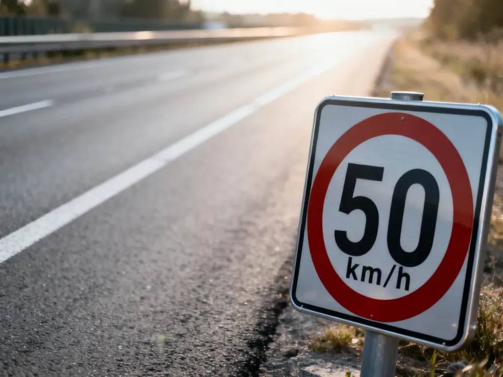 Znak drogowy ograniczający prędkość do 50 km/h przy drodze asfaltowej w słoneczny poranek.