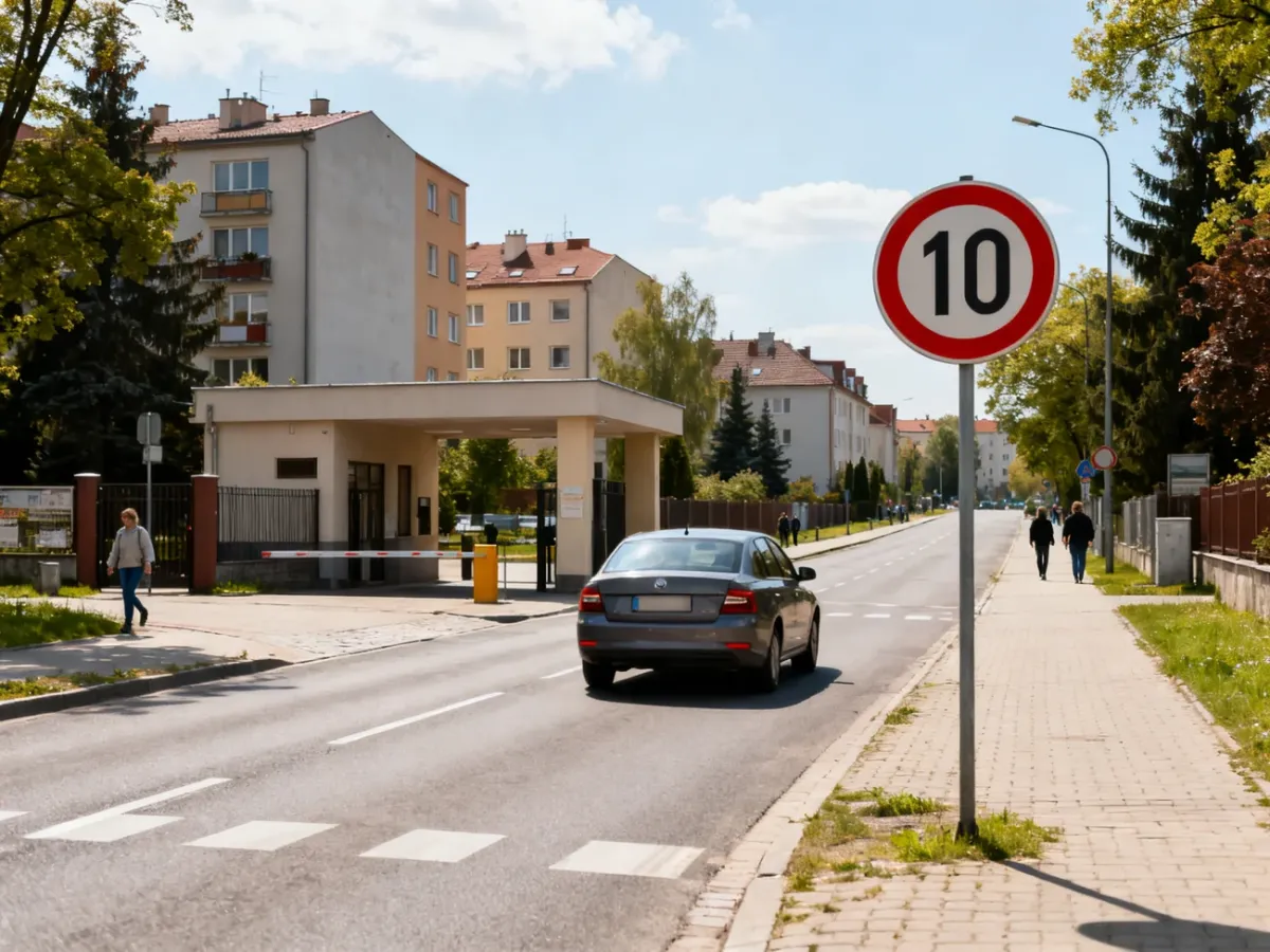 Samochód zbliżający się do znaków ograniczenia prędkości na drodze w terenie zabudowanym