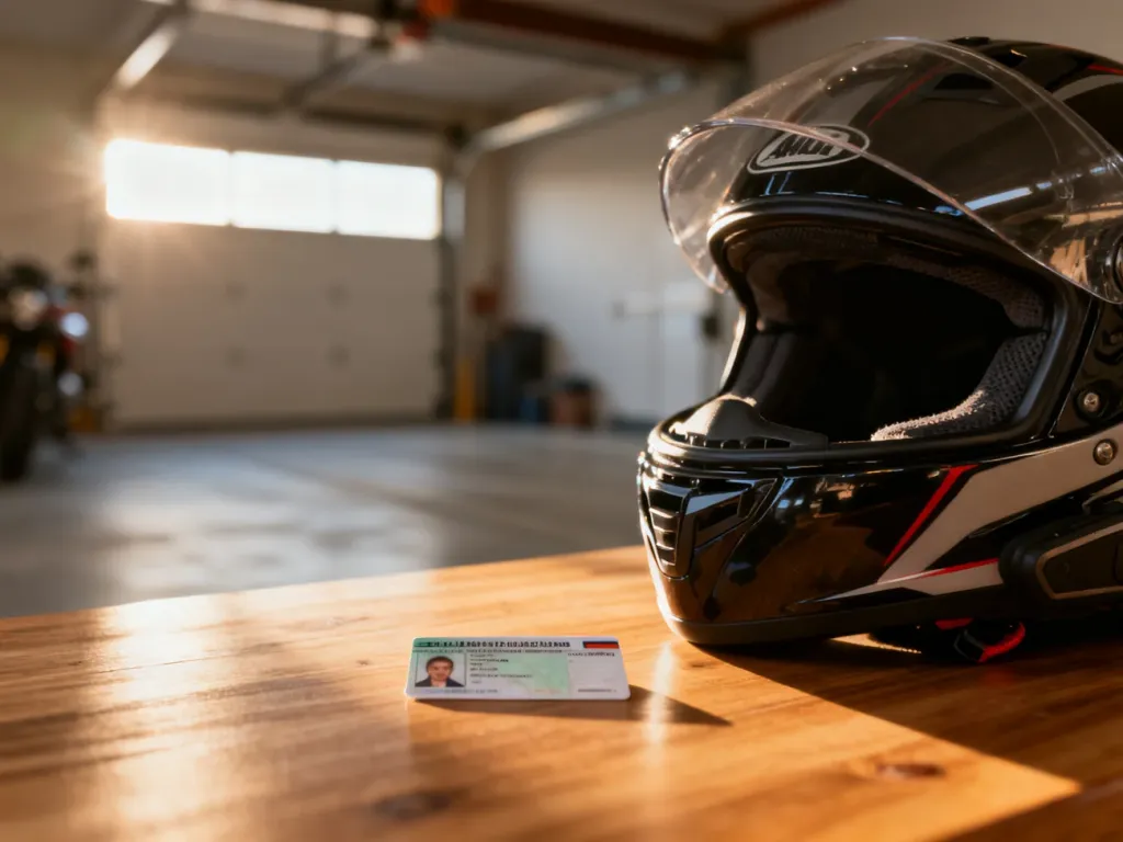 Kask motocyklowy i prawo jazdy kategorii B leżące na drewnianym stole w garażu.
