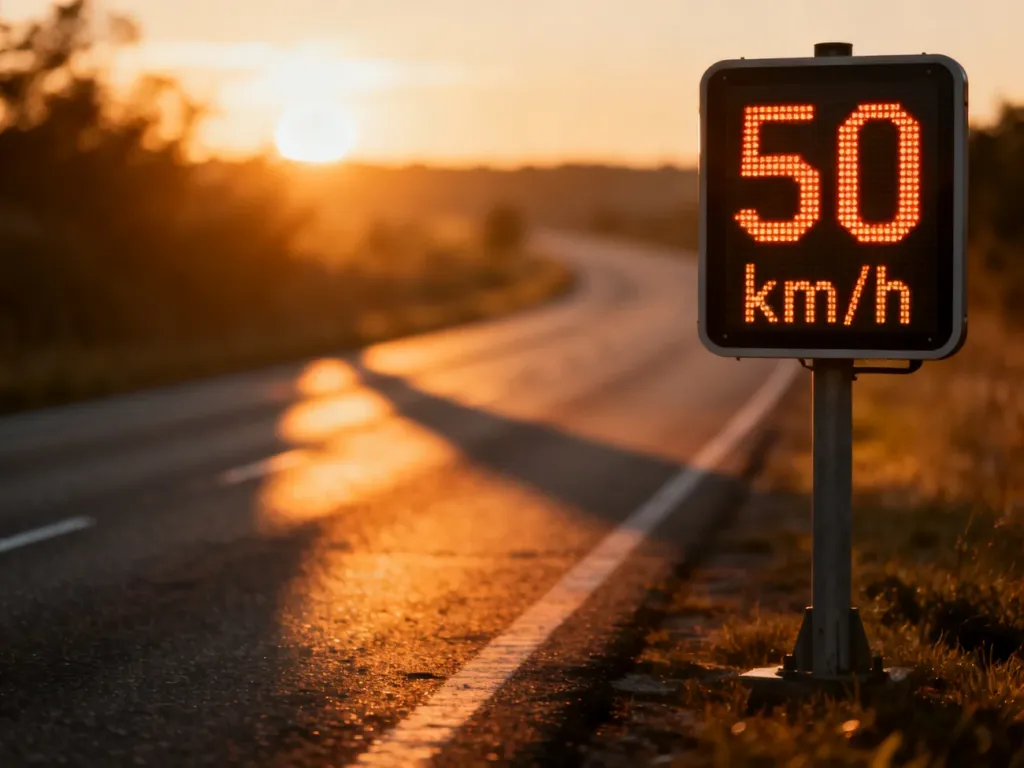 Cyfrowy znak drogowy z ograniczeniem prędkości do 50 km/h na tle asfaltowej drogi o zachodzie słońca.