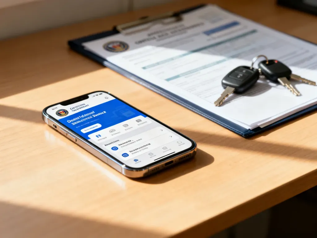 Smartfon z otwartą stroną rządową leżący na biurku obok kluczyków samochodowych i dokumentów, symbolizujący sprawdzanie dowodu.