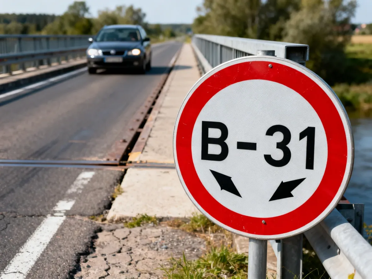 Zwężenie jezdni z polskim znakiem B-31 i nadjeżdżającym samochodem