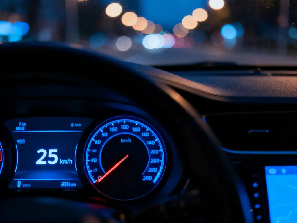 Wskazówka prędkościomierza przekraczająca dozwolony limit o 25 km/h w nowoczesnym samochodzie nocą.