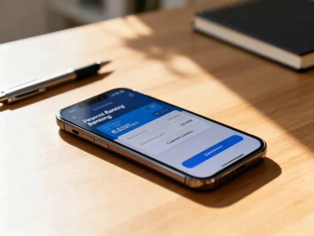 Smartfon z otwartą aplikacją bankową na drewnianym biurku, symbolizujący proces płacenia mandatu przez internet.