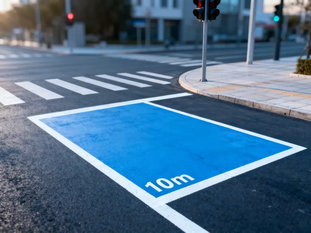 Puste miejsce parkingowe oznaczone białymi liniami, znajdujące się w przepisowej odległości 10 metrów od skrzyżowania.