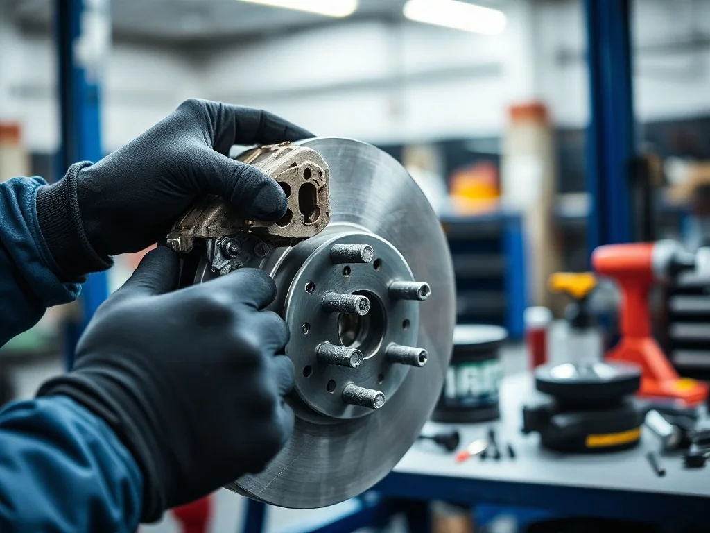 Mechanik w profesjonalnym warsztacie dokonuje przeglądu tarczy i zacisku hamulcowego samochodu.