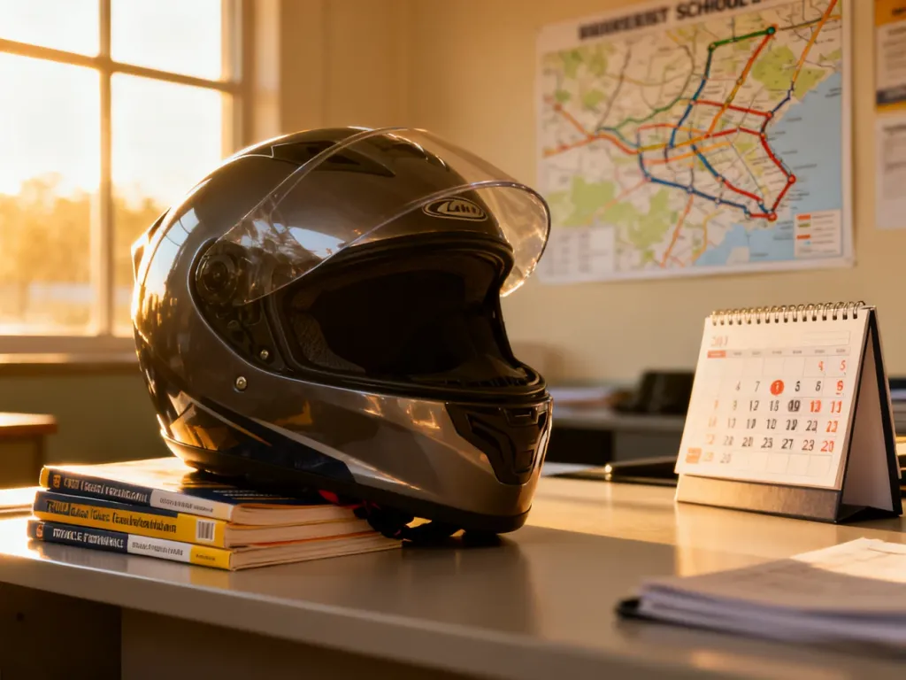 Kask motocyklowy, podręczniki z przepisami ruchu drogowego oraz kalendarz z zaznaczonymi terminami egzaminów na biurku.