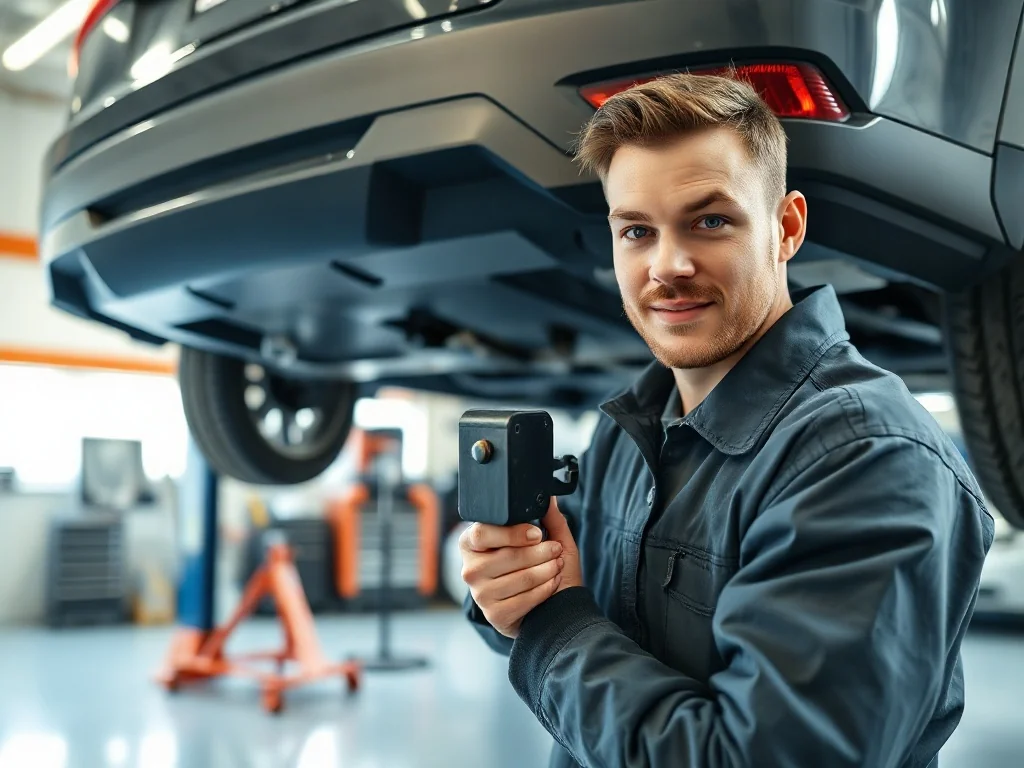 Mechanik montuje hak holowniczy do podwozia nowoczesnego SUV-a w profesjonalnym warsztacie samochodowym.