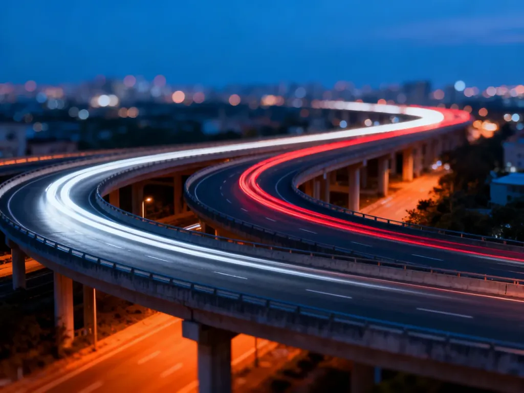 Wielopoziomowy węzeł drogowy o zmierzchu z smugami świateł samochodów, obrazujący złożoność infrastruktury miejskiej.