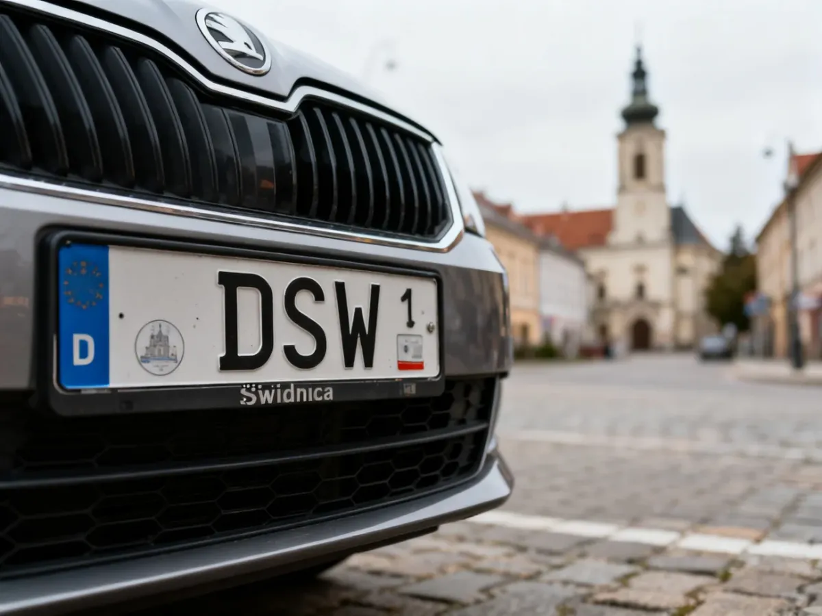 Samochód z tablicą rejestracyjną DSW na tle Świdnicy