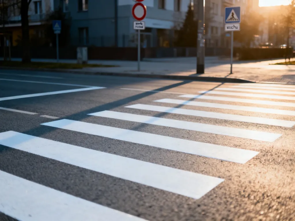 Przejście dla pieszych w strefie ruchu oznaczonej znakami drogowymi, widoczne z perspektywy z góry.