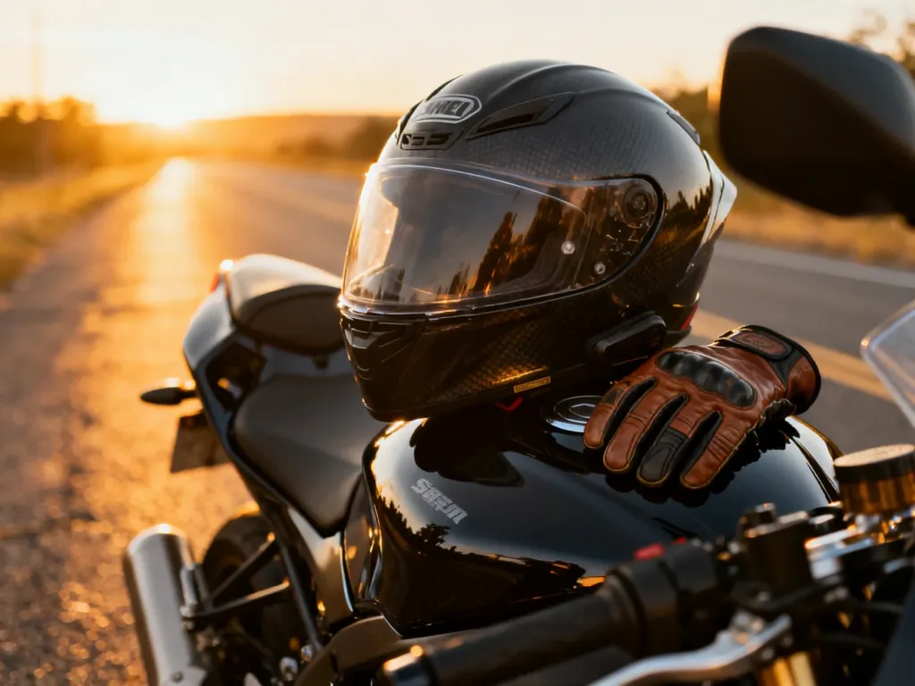 Nowoczesny kask motocyklowy i skórzane rękawice na baku sportowego motocykla o zachodzie słońca.