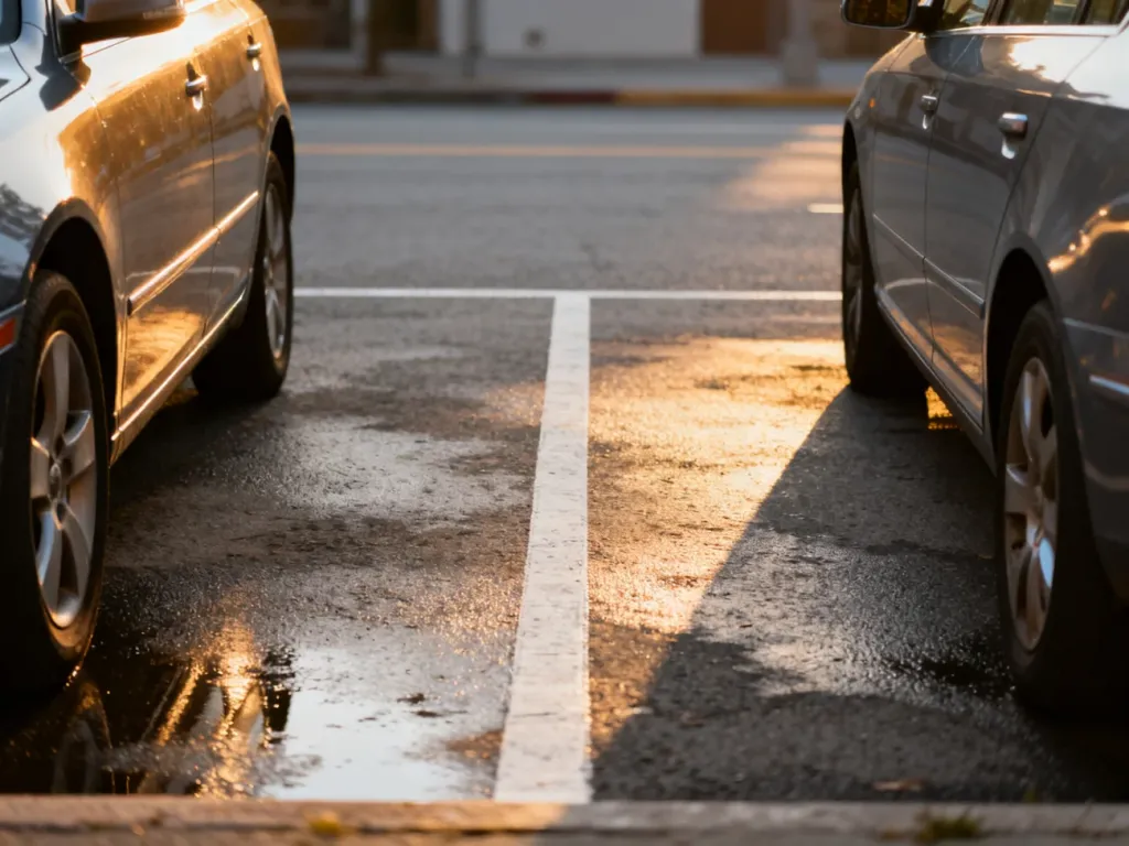 Puste miejsce parkingowe między dwoma samochodami na miejskiej ulicy, gotowe do wykonania manewru parkowania równoległego.