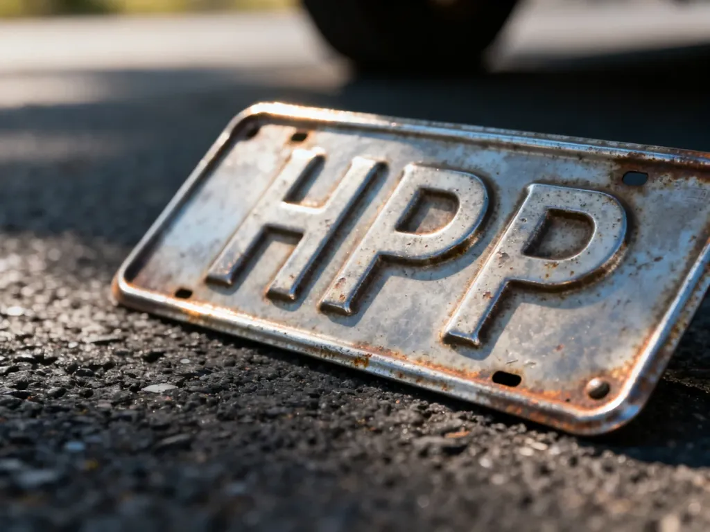 Zniszczona, zabytkowa tablica rejestracyjna z literami „HPP” spoczywająca na asfaltowym podłożu.