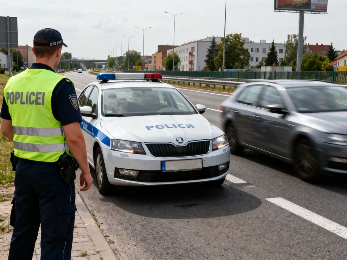 Policjant zatrzymujący samochód za przekroczenie prędkości na drodze