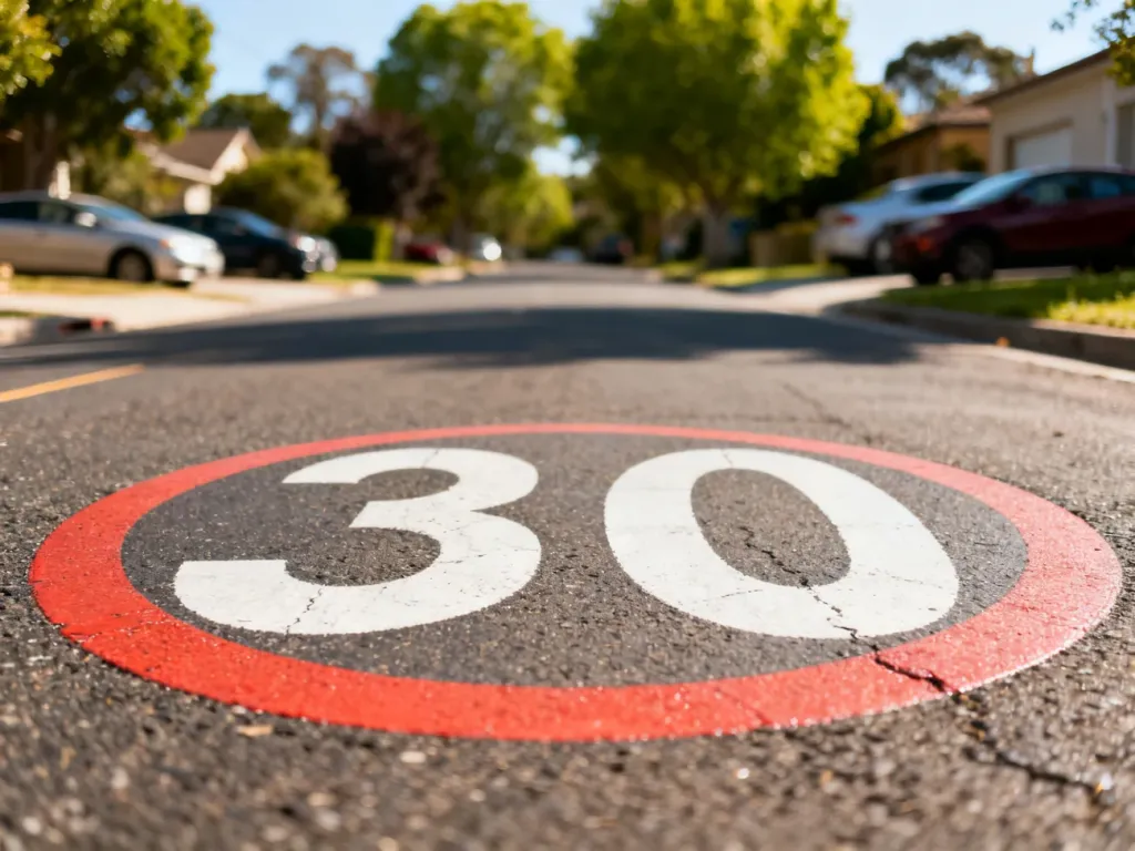 Znak ograniczenia prędkości do 30 km/h na spokojnej ulicy osiedlowej w słoneczny dzień.