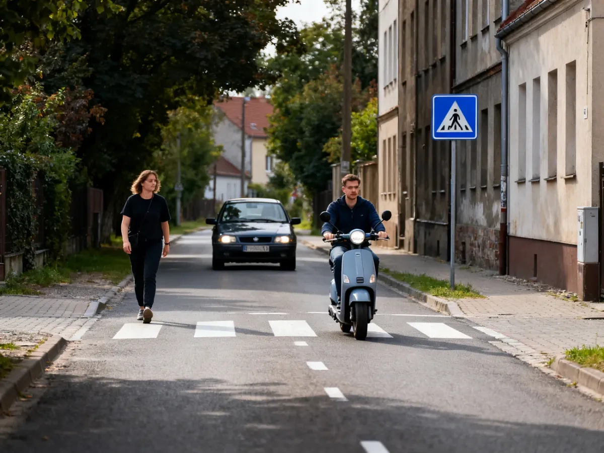 Pieszy i osoba na hulajnodze poruszający się całą szerokością spokojnej ulicy w strefie zamieszkania