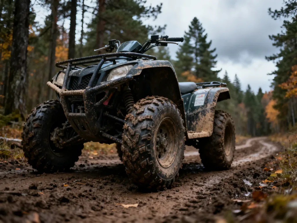 Quad terenowy zaparkowany na błotnistej leśnej ścieżce w jesienny dzień.