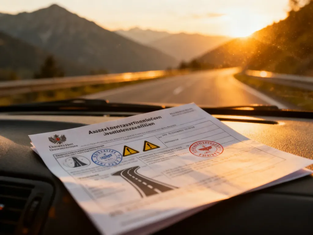 Oficjalny mandat drogowy na desce rozdzielczej samochodu z widokiem na austriackie góry w tle.